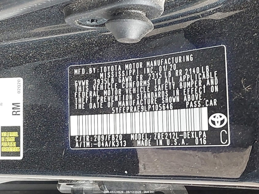 2020 Toyota Corolla VIN 5YFEPRAE9LP105646 IAAI salvage auction — FRONT END, Original (Texas), sold $3,700 on 2026-07-28 (photo 9)