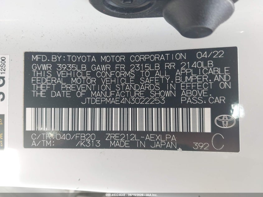 2022 Toyota Corolla VIN JTDEPMAE4N3022253 IAAI salvage auction — FRONT END, Salvage (Massachusetts), sold $4,825 on 2026-07-28 (photo 9)