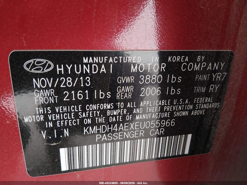 2014 Hyundai Elantra VIN KMHDH4AEXEU055966 IAAI salvage auction — FRONT & REAR, Salvage Title, sold $425 on 2026-07-22 (photo 9)