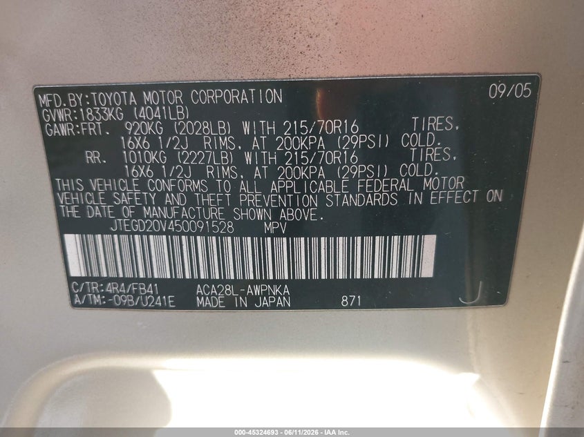 2005 Toyota Rav4 VIN JTEGD20V450091528 IAAI salvage auction — LEFT SIDE, Salvage (Alabama), sold $500 on 2026-07-08 (photo 9)