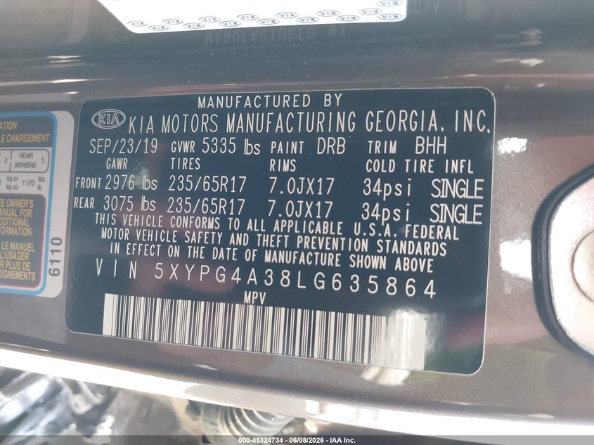 2020 Kia Sorento VIN 5XYPG4A38LG635864 IAAI salvage auction — SIDE, Salvage (California), sold $6,500 on 2026-07-07 (photo 9)