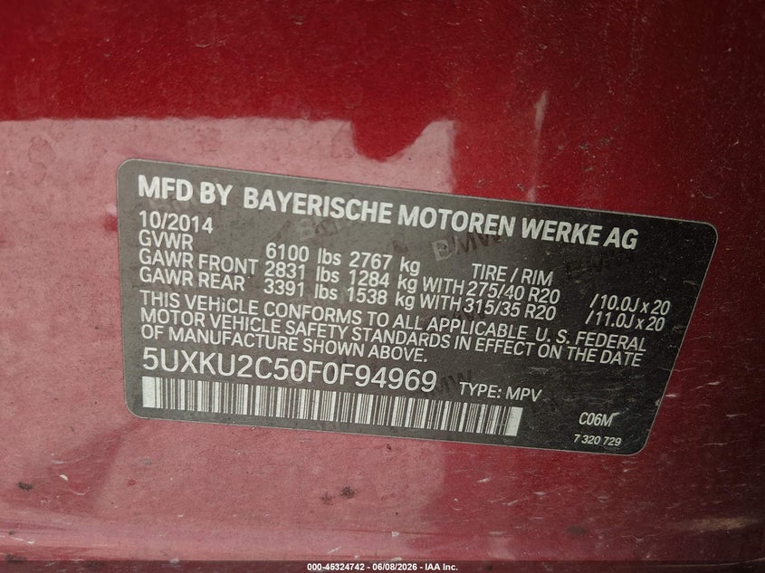 2015 BMW X6 VIN 5UXKU2C50F0F94969 IAAI salvage auction — FRONT END, Original (Texas), sold $25 on 2026-07-29 (photo 9)