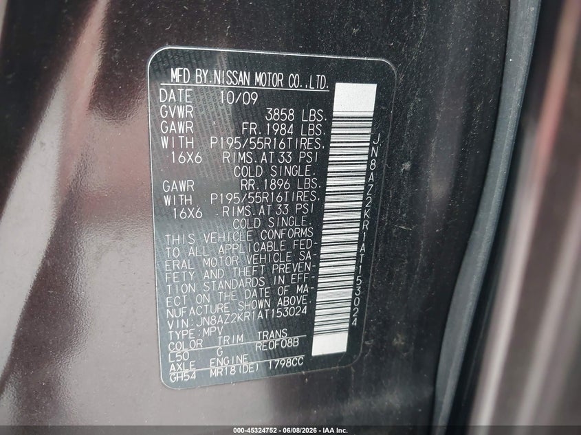 2010 Nissan Cube VIN JN8AZ2KR1AT153024 IAAI salvage auction — NORMAL WEAR, Clear (Maryland), sold $300 on 2026-07-23 (photo 9)