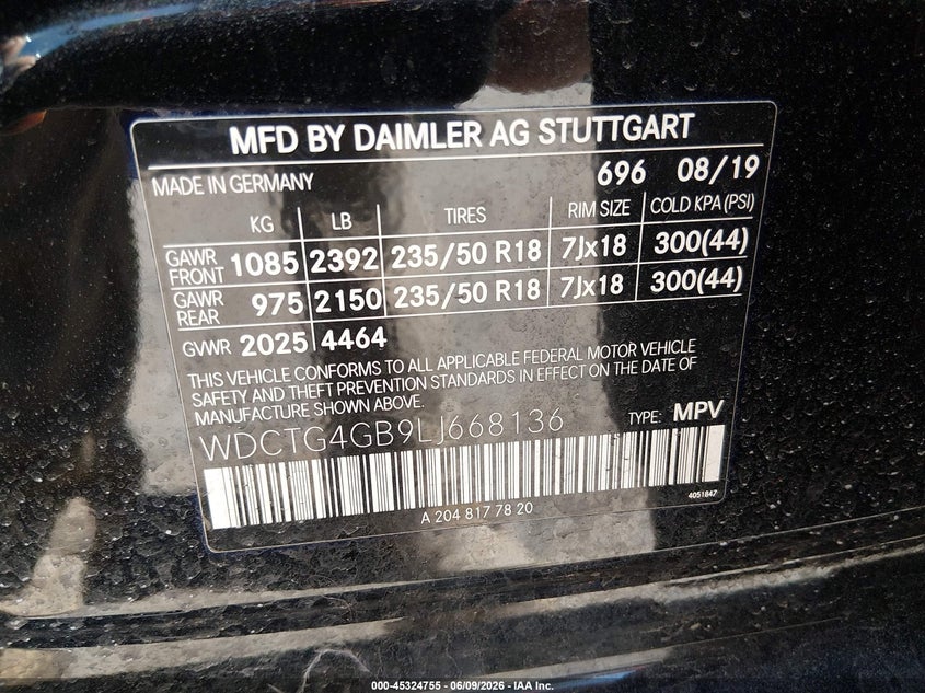 2020 Mercedes-benz Gla-klasse VIN WDCTG4GB9LJ668136 IAAI salvage auction — FRONT END, Salvage (Massachusetts), sold $4,550 on 2026-08-05 (photo 9)