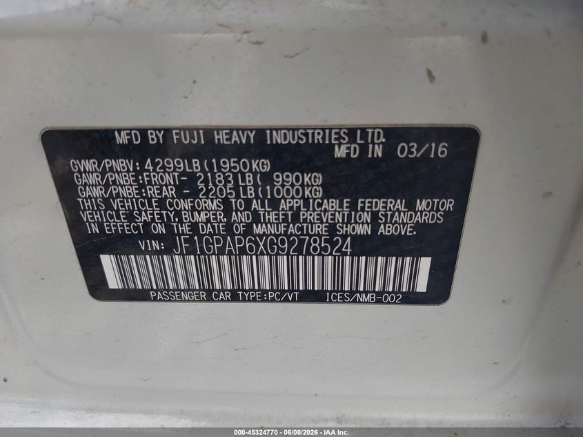 2016 Subaru Impreza VIN JF1GPAP6XG9278524 IAAI salvage auction — FRONT END, Salvage (Ohio), sold $700 on 2026-07-29 (photo 9)