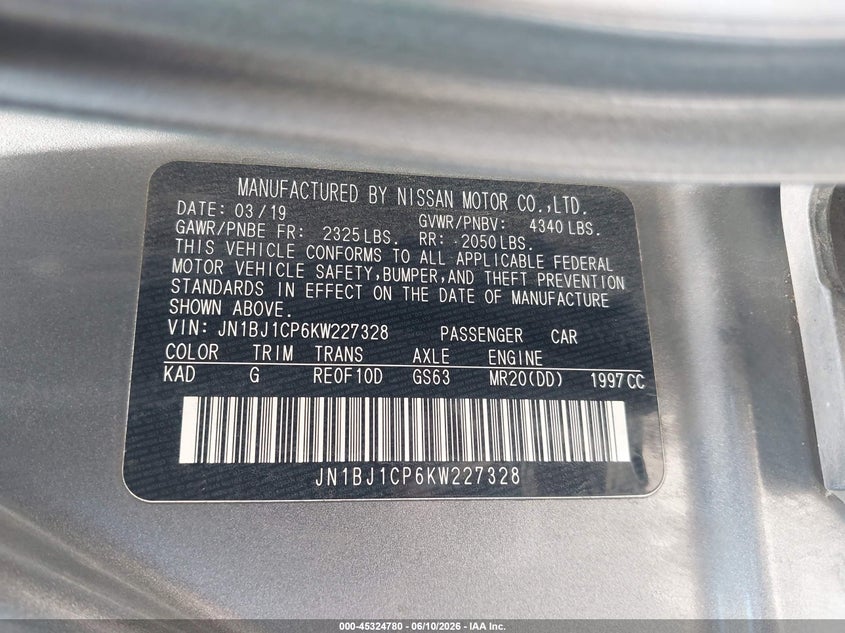 2019 Nissan Rogue VIN JN1BJ1CP6KW227328 IAAI salvage auction — REAR END, Salvage (Louisiana), sold $25 on 2026-07-21 (photo 9)