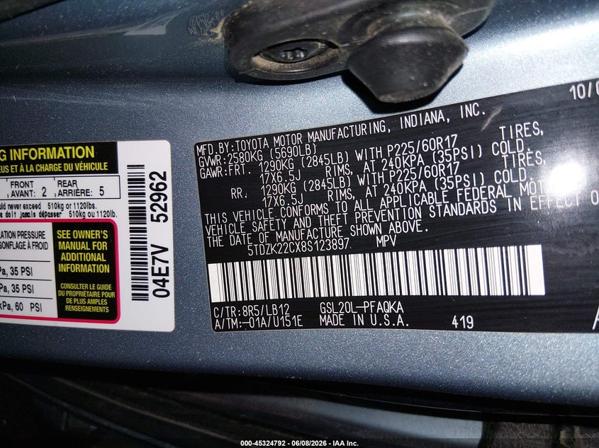 2008 Toyota Sienna VIN 5TDZK22CX8S123897 IAAI salvage auction — FRONT END, Salvage (Idaho), sold $75 on 2026-07-17 (photo 9)