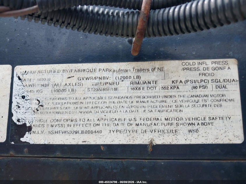 2020 Kaufman trailers Kaufman trailers VIN 5SHFW5029LB000440 IAAI salvage auction — NORMAL WEAR, Clear (Florida), sold $25 on 2026-07-29 (photo 9)