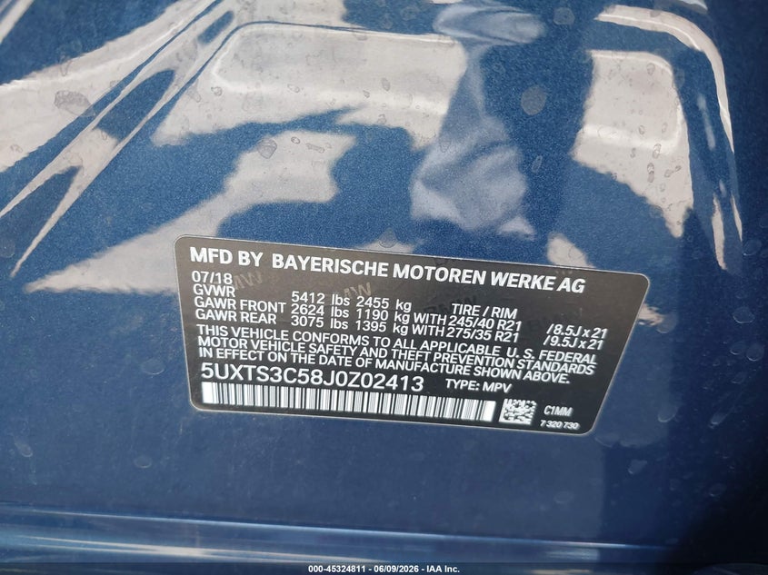 2018 BMW X3 VIN 5UXTS3C58J0Z02413 IAAI salvage auction — FRONT END, Salvage Title, sold $7,950 on 2026-07-14 (photo 9)
