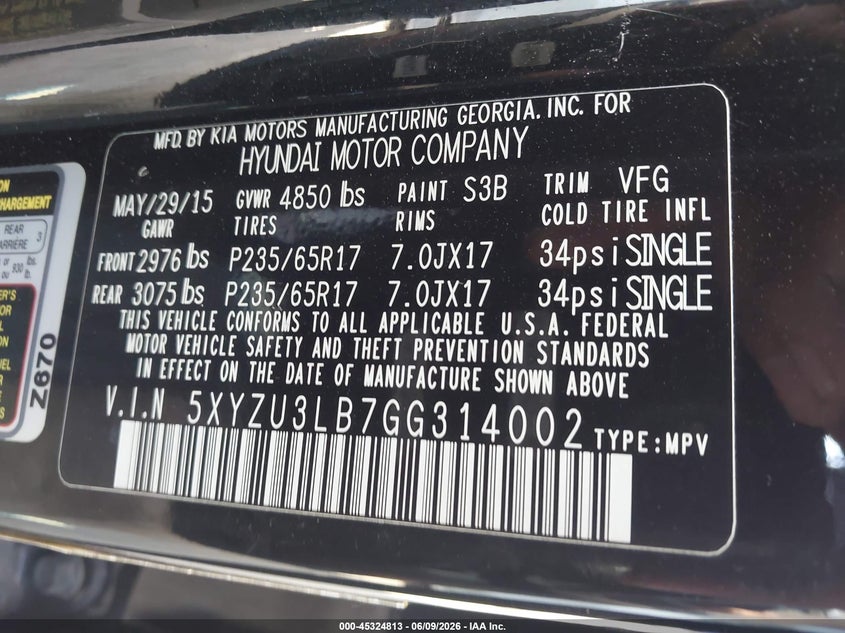 2016 Hyundai Santa fe VIN 5XYZU3LB7GG314002 IAAI salvage auction — FRONT END, Salvage Title, sold $950 on 2026-07-21 (photo 9)