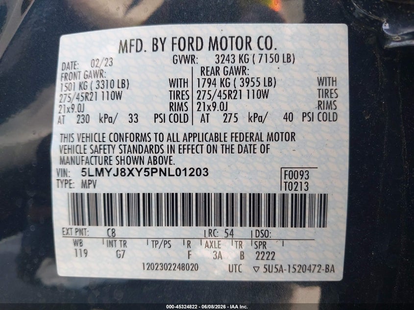 2023 Lincoln Aviator VIN 5LMYJ8XY5PNL01203 IAAI salvage auction — SIDE, Salvage (California), sold $17,975 on 2026-07-15 (photo 9)