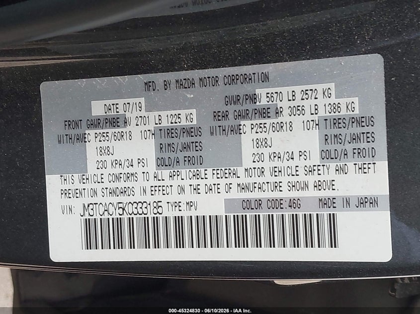 2019 Mazda Cx-9 VIN JM3TCACY5K0333185 IAAI salvage auction — FRONT END, Salvage Title, sold $3,850 on 2026-07-22 (photo 9)
