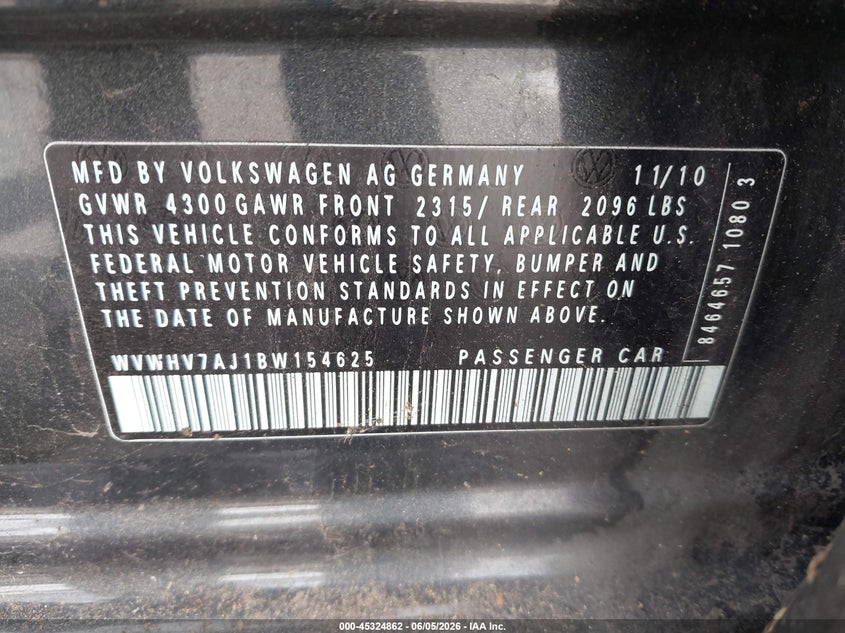 2011 Volkswagen Gti VIN WVWHV7AJ1BW154625 IAAI salvage auction — NORMAL WEAR, Clear-Dealer Only (Oregon), sold $575 on 2026-07-09 (photo 9)