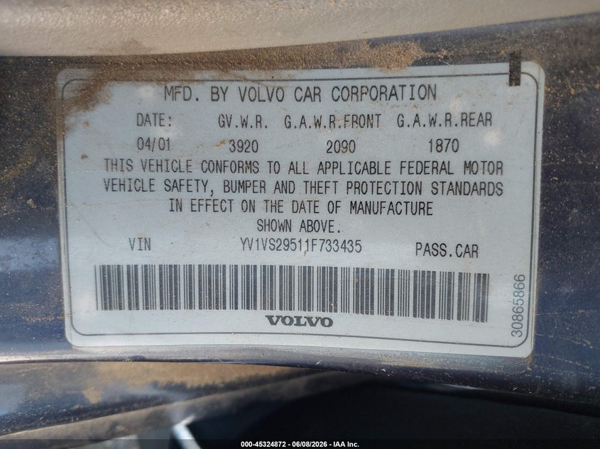 2001 Volvo S40 VIN YV1VS29511F733435 IAAI salvage auction — UNKNOWN, Salvage (California), sold $150 on 2026-07-30 (photo 9)