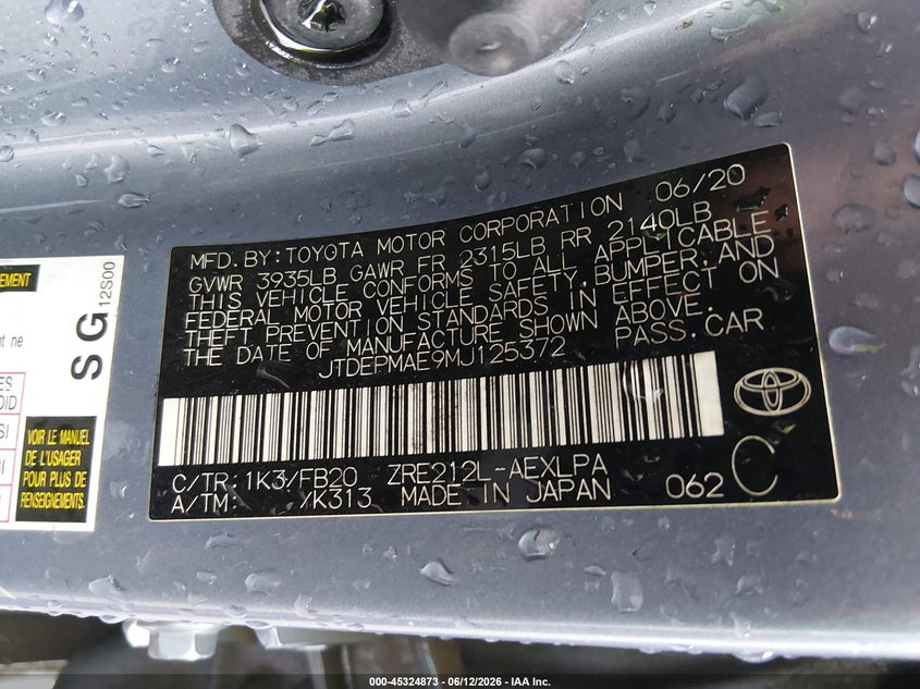 2021 Toyota Corolla VIN JTDEPMAE9MJ125372 IAAI salvage auction — LEFT & RIGHT, Salvage (Texas), sold $2,950 on 2026-07-22 (photo 9)