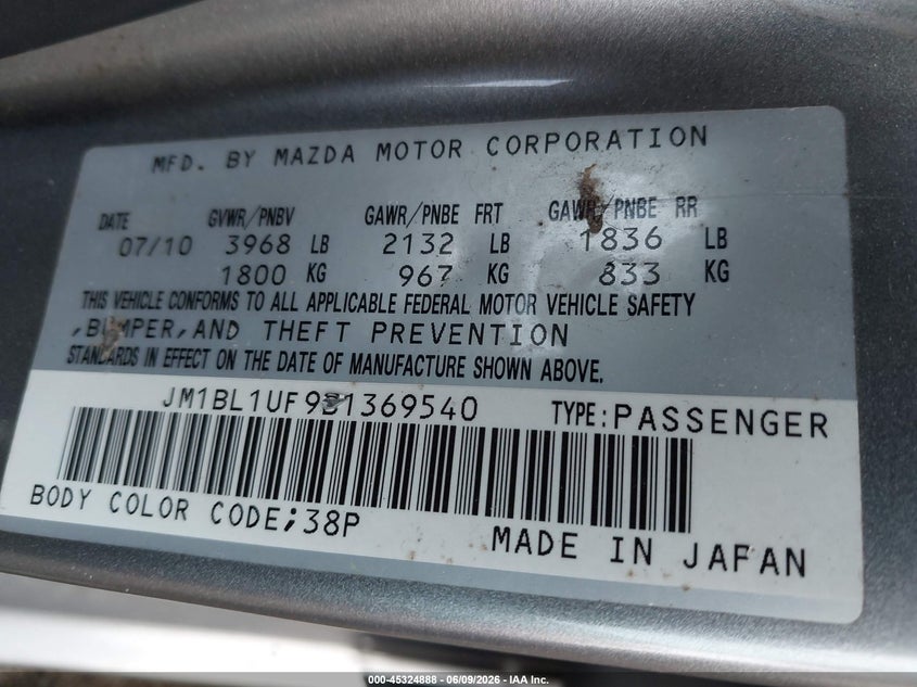 2011 Mazda 3 VIN JM1BL1UF9B1369540 IAAI salvage auction — FRONT END, Clear (Indiana), sold $450 on 2026-07-08 (photo 9)