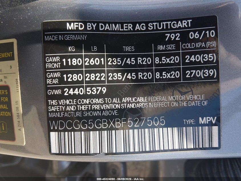 2011 Mercedes-benz Glk-class VIN WDCGG5GBXBF527505 IAAI salvage auction — LEFT FRONT, Salvage (Arkansas), sold $1,050 on 2026-07-15 (photo 9)