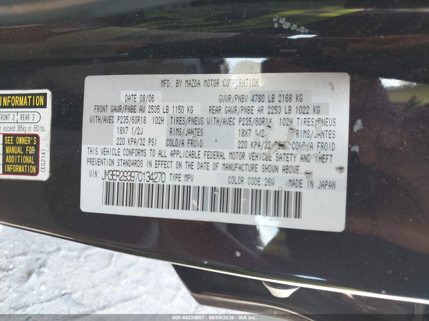 2007 Mazda Cx-7 VIN JM3ER293970134270 IAAI salvage auction — LEFT FRONT, Salvage (New Jersey), sold $225 on 2026-07-28 (photo 9)
