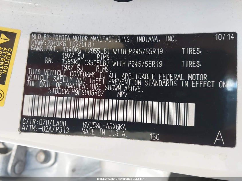 2015 Toyota Highlander VIN 5TDDCRFH9FS008467 IAAI salvage auction — FRONT END, Salvage Title, sold $4,500 on 2026-07-09 (photo 9)