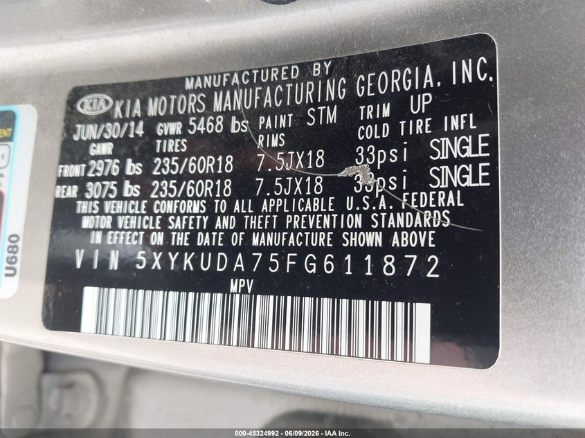 2015 Kia Sorento VIN 5XYKUDA75FG611872 IAAI salvage auction — NORMAL WEAR, Salvage Title, sold $850 on 2026-07-21 (photo 9)