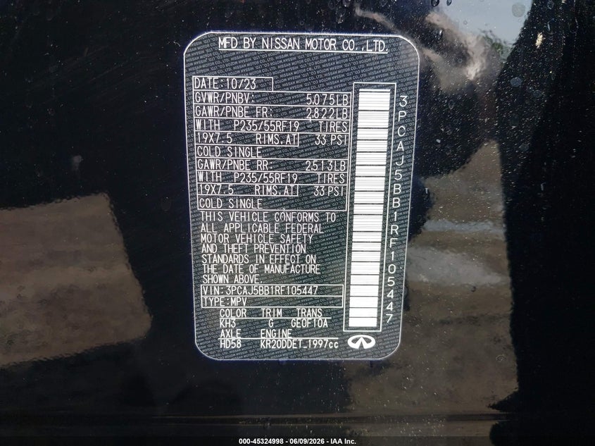 2024 Infiniti Qx50 VIN 3PCAJ5BB1RF105447 IAAI salvage auction — RIGHT REAR, Salvage - 75% Or Less (Maryland), sold $12,000 on 2026-07-24 (photo 9)