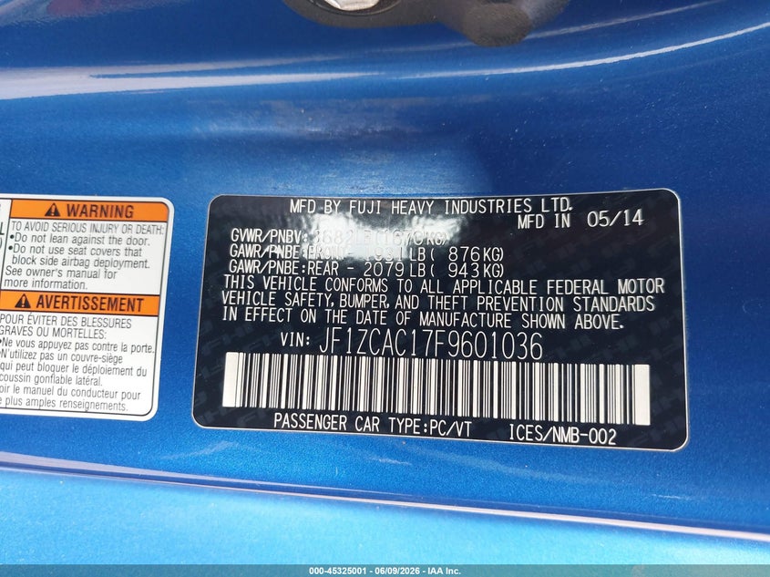 2015 Subaru Brz VIN JF1ZCAC17F9601036 IAAI salvage auction — HAIL, Salvage Title, sold $5,100 on 2026-07-12 (photo 9)