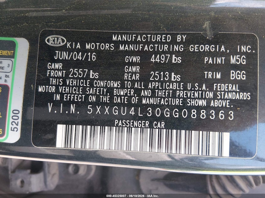 2016 Kia Optima VIN 5XXGU4L30GG088363 IAAI salvage auction — FRONT END, Salvage (South Carolina), sold $700 on 2026-07-22 (photo 9)