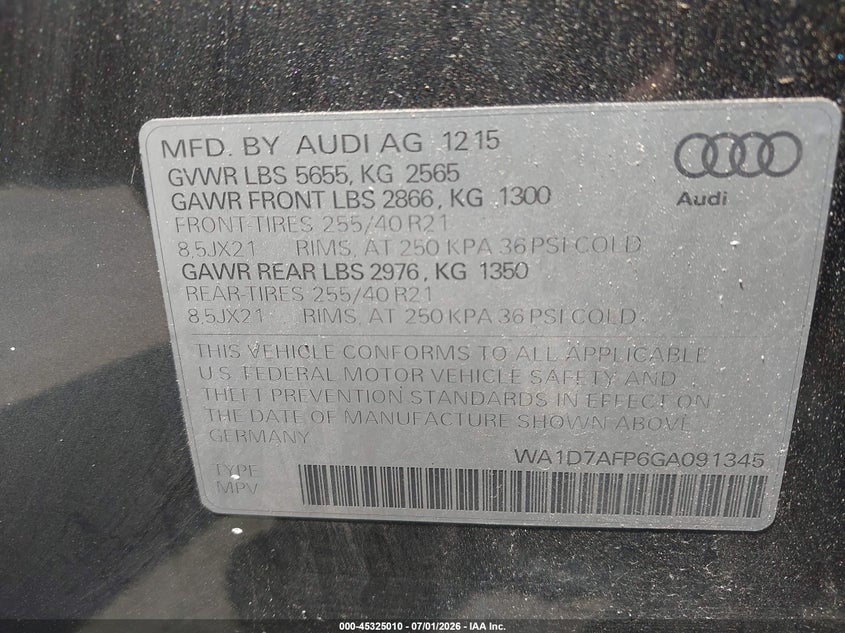 2016 Audi Q5 VIN WA1D7AFP6GA091345 IAAI salvage auction — LEFT FRONT, Salvage Title, sold $1,700 on 2026-07-21 (photo 9)