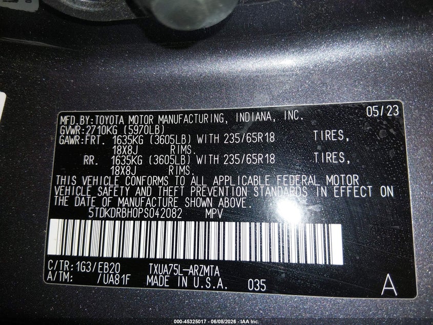 2023 Toyota Highlander VIN 5TDKDRBH0PS042082 IAAI salvage auction — REAR END, Salvage Title, sold $12,400 on 2026-07-31 (photo 9)