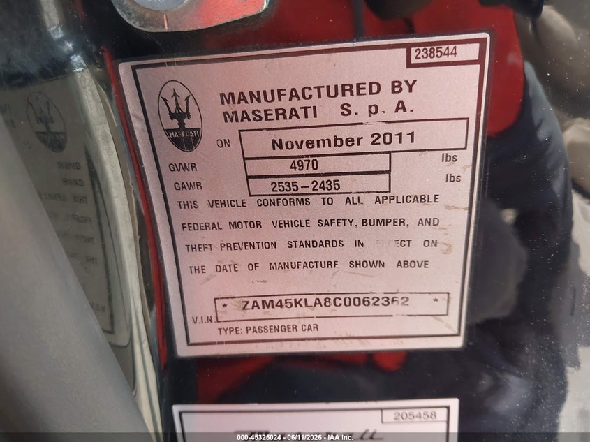 2012 Maserati Granturismo VIN ZAM45KLA8C0062362 IAAI salvage auction — FRONT END, Salvage (Illinois), sold $8,800 on 2026-07-21 (photo 9)