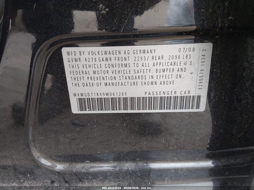 2009 Volkswagen Gti VIN WVWGD71K99W061269 IAAI salvage auction — FRONT & REAR, Clear (Tennessee), sold $600 on 2026-07-08 (photo 9)