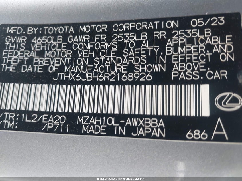 2024 Lexus Ux VIN JTHX6JBH6R2168926 IAAI salvage auction — ROLLOVER, Salvage Title, sold $25 on 2026-07-10 (photo 9)