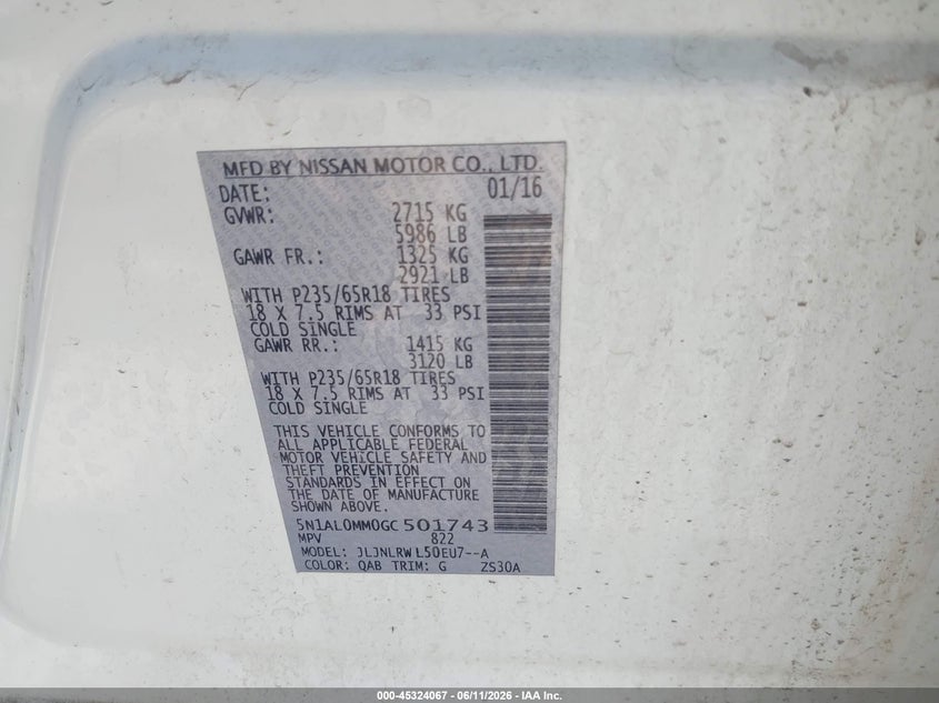 2016 Infiniti Qx60 VIN 5N1AL0MM0GC501743 IAAI salvage auction — LEFT FRONT, Salvage (Iowa), sold $2,225 on 2026-07-28 (photo 9)