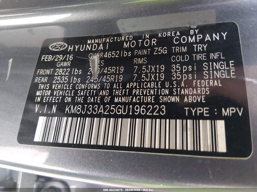 2016 Hyundai Tucson VIN KM8J33A25GU196223 IAAI salvage auction — FRONT END, Rebuildable (Florida), sold $2,700 on 2026-07-21 (photo 9)