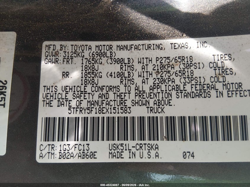 2014 Toyota Tundra VIN 5TFRY5F18EX151583 IAAI salvage auction — SIDE, Salvage Title, sold $3,850 on 2026-07-25 (photo 9)