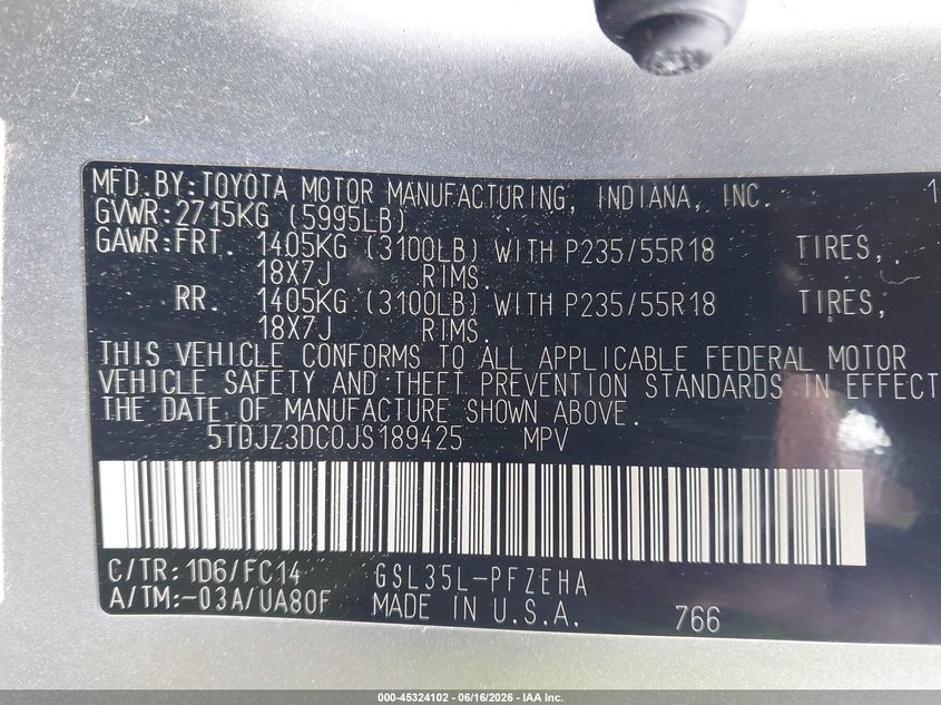 2018 Toyota Sienna VIN 5TDJZ3DC0JS189425 IAAI salvage auction — RIGHT SIDE, Salvage (North Carolina), sold $3,400 on 2026-07-09 (photo 9)