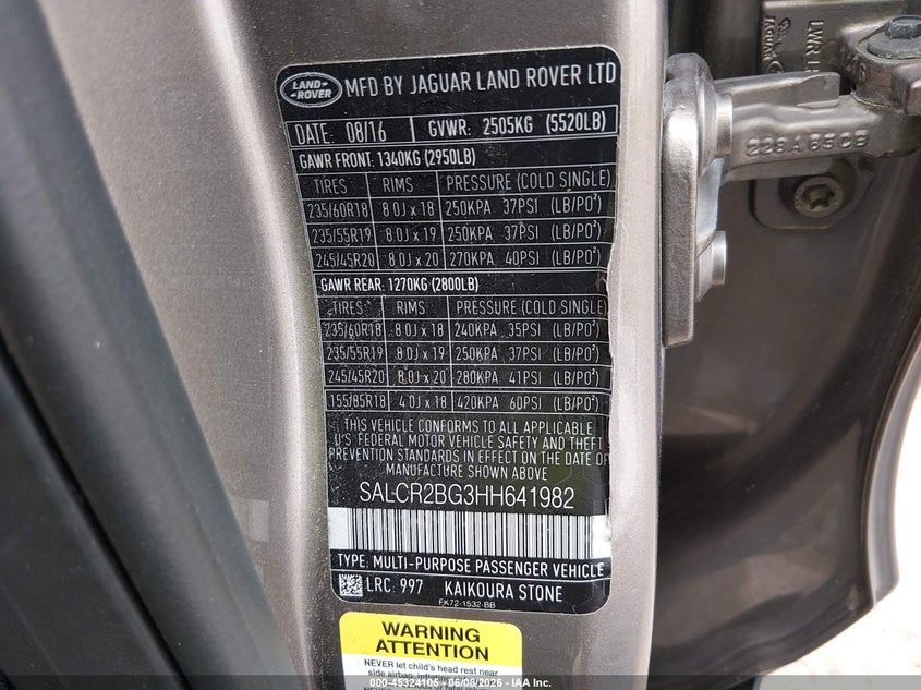 2017 Land rover Discovery sport VIN SALCR2BG3HH641982 IAAI salvage auction — FRONT END, Salvage Title, sold $2,425 on 2026-08-03 (photo 9)