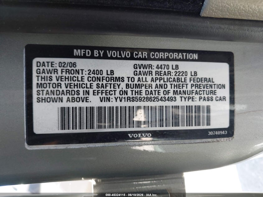 2006 Volvo S60 VIN YV1RS592862543493 IAAI salvage auction — FRONT END, Salvage (California), sold $350 on 2026-08-20 (photo 9)