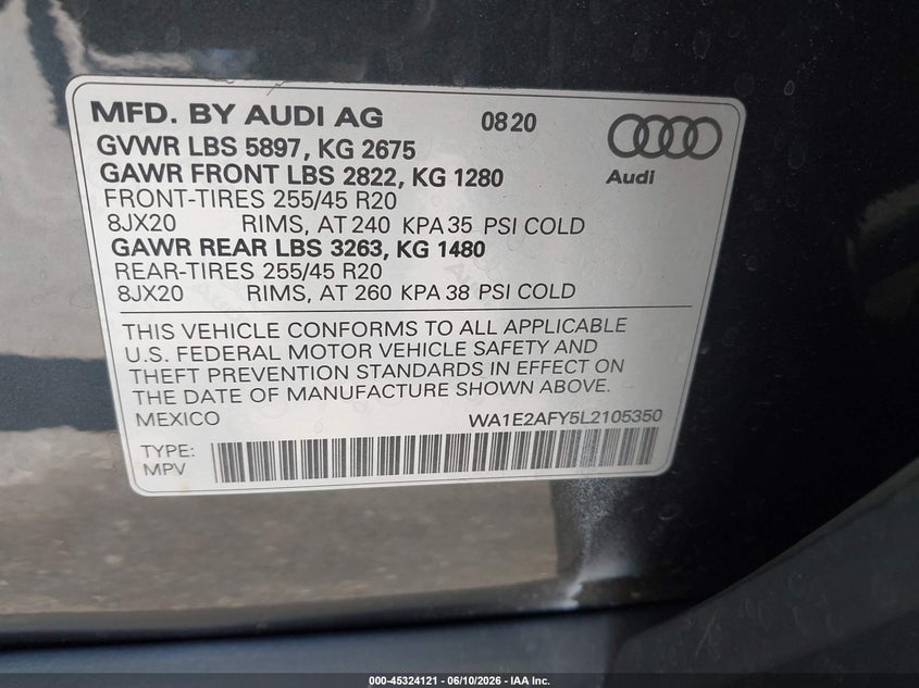2020 Audi Q5 VIN WA1E2AFY5L2105350 IAAI salvage auction — RIGHT FRONT, Salvage Title, sold $13,100 on 2026-07-11 (photo 9)