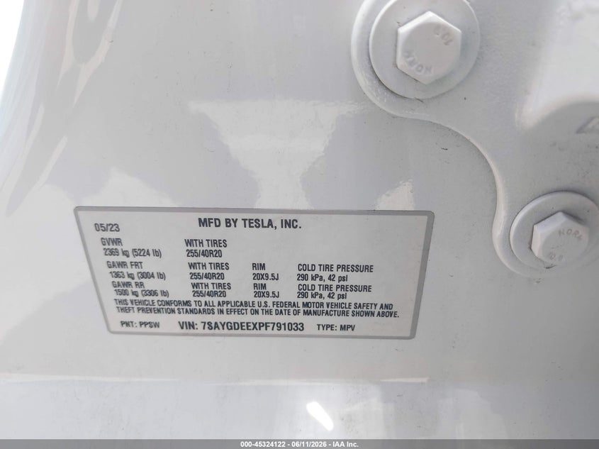 2023 Tesla Model y VIN 7SAYGDEEXPF791033 IAAI salvage auction — LEFT FRONT, Salvage (Arizona), sold $11,000 on 2026-07-21 (photo 9)