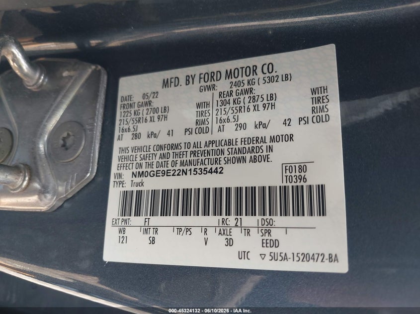 2022 Ford Transit VIN NM0GE9E22N1535442 IAAI salvage auction — ROLLOVER, Salvage (South Carolina), sold $1,250 on 2026-07-07 (photo 9)