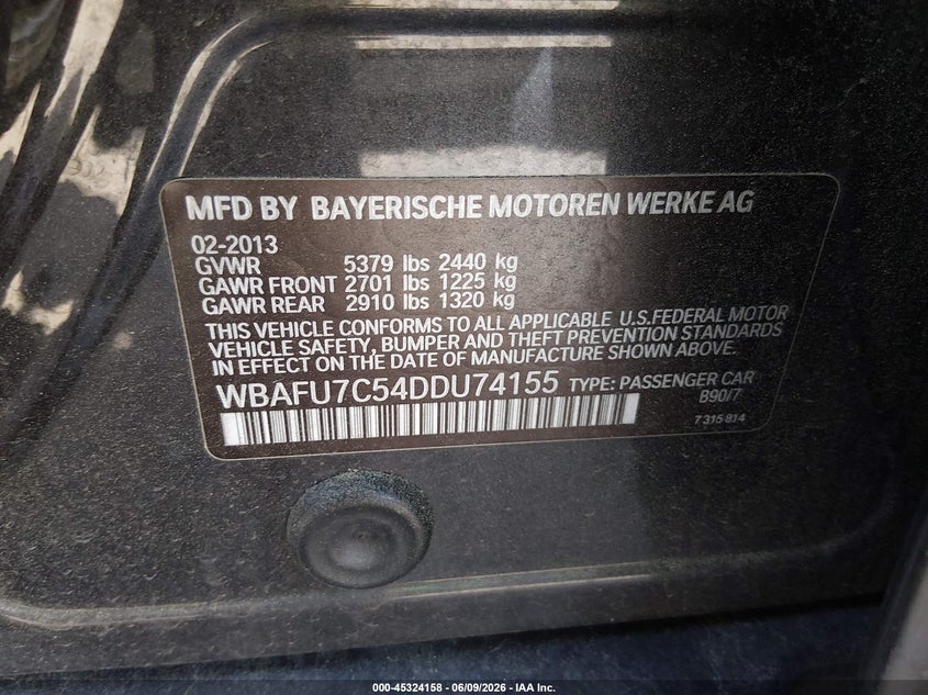 2013 BMW 5er VIN WBAFU7C54DDU74155 IAAI salvage auction — FRONT END, Salvage (Massachusetts), sold $600 on 2026-07-21 (photo 9)