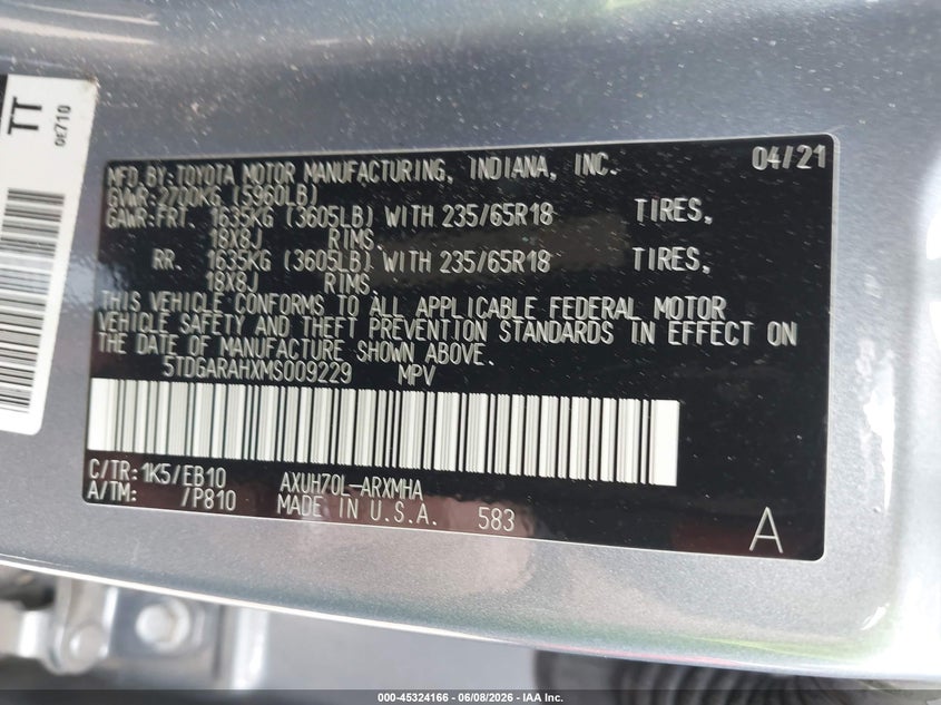 2021 Toyota Highlander VIN 5TDGARAHXMS009229 IAAI salvage auction — FRONT END, Salvage Title, sold $8,300 on 2026-07-18 (photo 9)