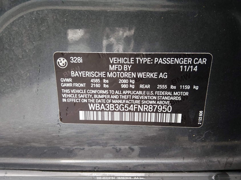 2015 BMW 3er VIN WBA3B3G54FNR87950 IAAI salvage auction — LEFT FRONT, Bill Of Sale (Washington), sold $5,050 on 2026-07-08 (photo 9)