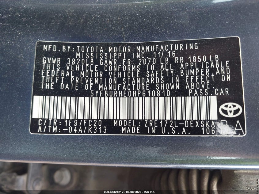 2017 Toyota Corolla VIN 5YFBURHE0HP610810 IAAI salvage auction — FRONT & REAR, Salvage (California), sold $3,100 on 2026-07-23 (photo 9)