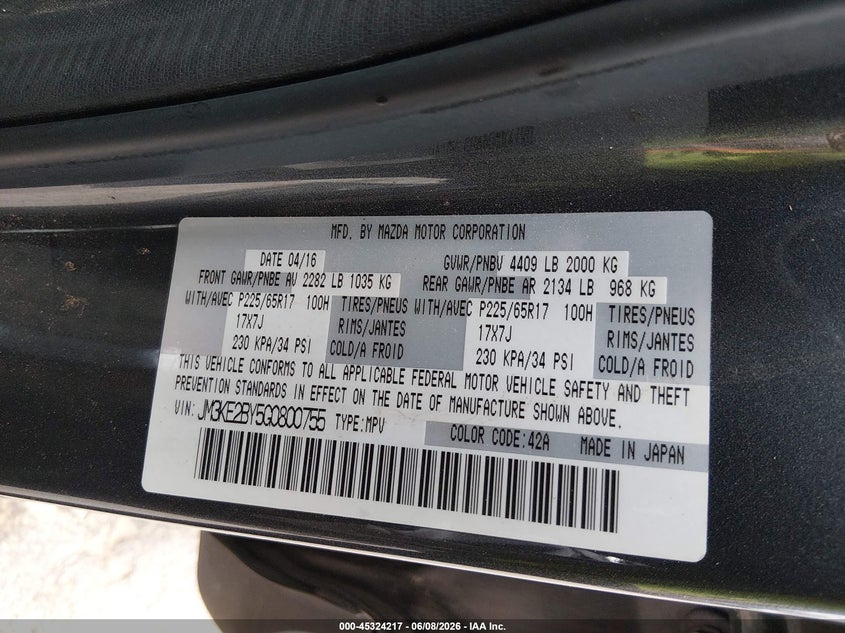 2016 Mazda Cx-5 VIN JM3KE2BY5G0800755 IAAI salvage auction — SIDE, Original (Texas), sold $1,850 on 2026-07-29 (photo 9)