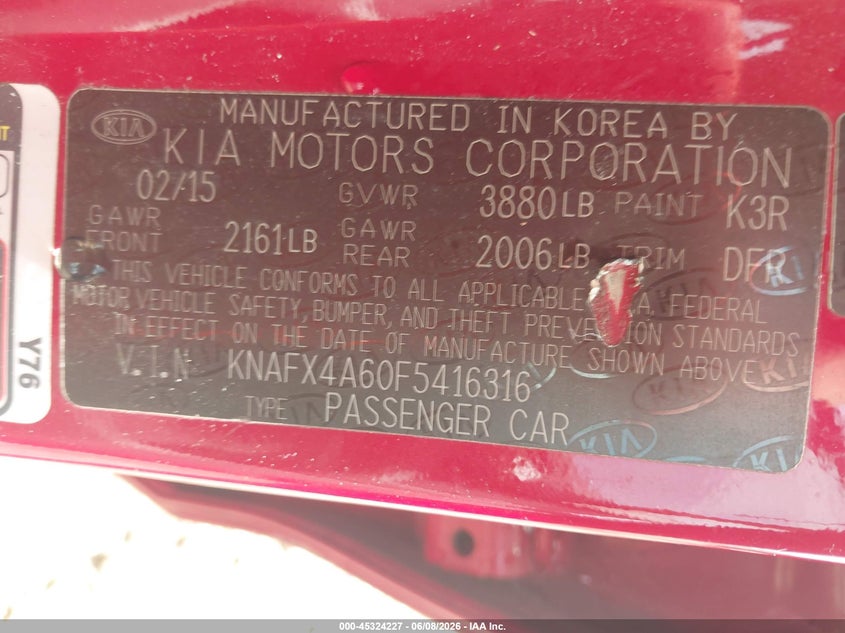 2015 Kia Forte VIN KNAFX4A60F5416316 IAAI salvage auction — NORMAL WEAR, Clear (Alabama), sold $450 on 2026-07-07 (photo 9)