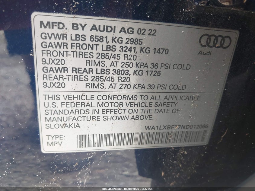 2022 Audi Q7 VIN WA1LXBF77ND012066 IAAI salvage auction — FRONT END, Salvage (Alabama), sold $14,300 on 2026-07-14 (photo 9)