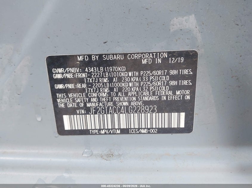 2020 Subaru Xv VIN JF2GTACC4LG228923 IAAI salvage auction — RIGHT FRONT, Salvage (Indiana), sold $25 on 2026-07-28 (photo 9)