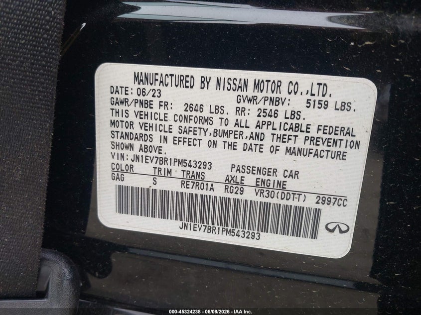 2023 Infiniti Q50 VIN JN1EV7BR1PM543293 IAAI salvage auction — LEFT SIDE, Salvage - Greater Than 75% (Maryland), sold $2,600 on 2026-07-28 (photo 9)